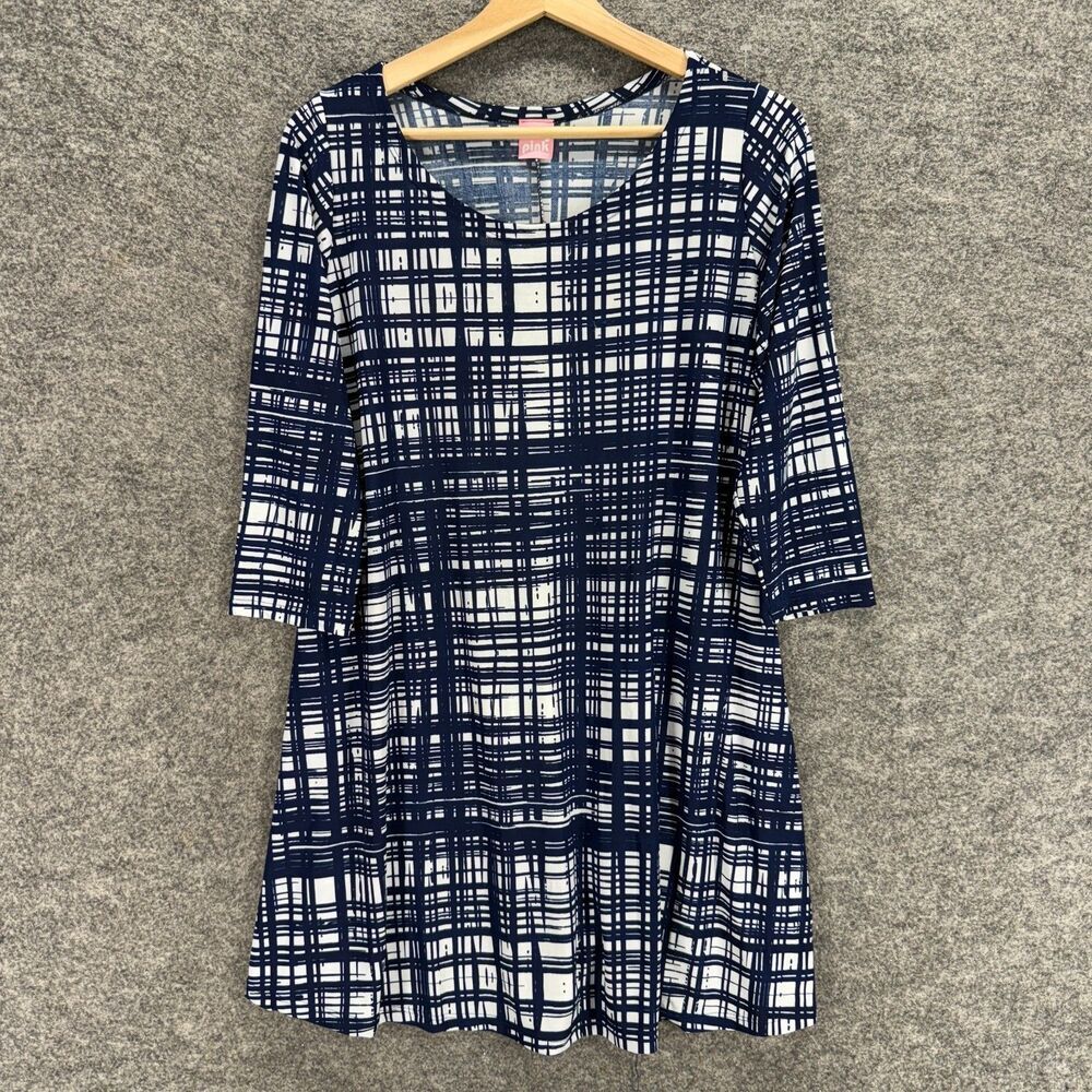 Flirty Pink Dress Women M Medium Blue Plaid Shift Short Long Sleeve Casual